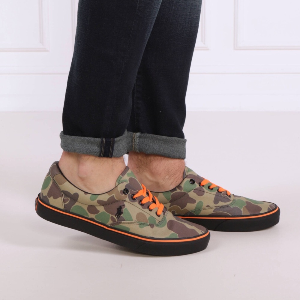 Polo Ralph Lauren Camouflage Green/Orange Canvas Men Sneakers- SZ 10.5 - Picture 2 of 12